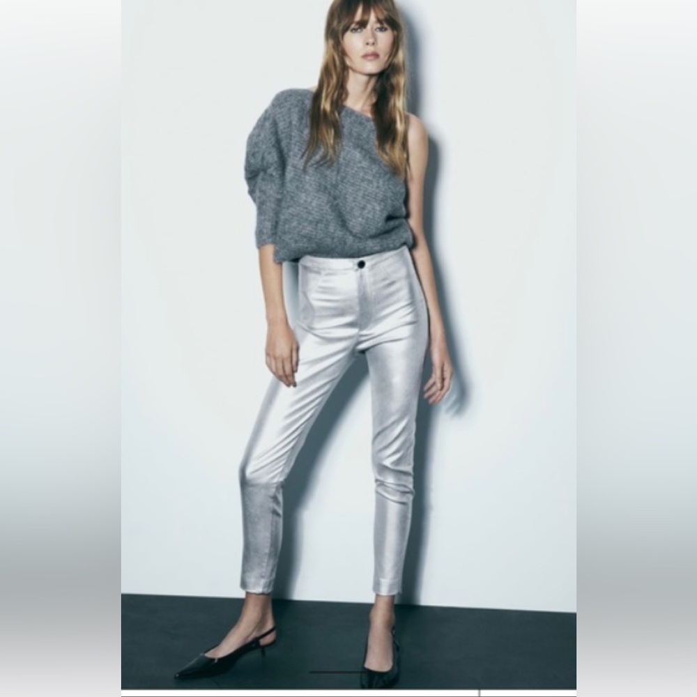 Zara Metallic Silver leggings mid-rise NWT